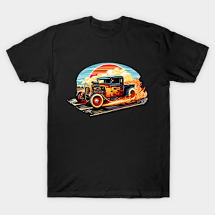 Retro Rat Rod Truck Sunset Flames Classic Hot Rod Pickup T-Shirt